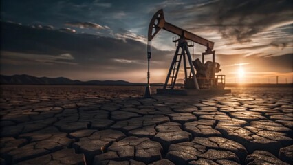an oil pump operating in an arid, cracked landscape during sunset, with a moody sky above. The scene evokes themes of industry, environmental impact, and the passage of time