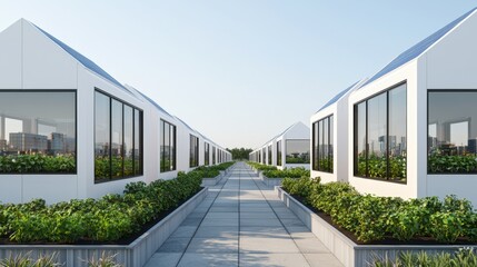 Fototapeta premium Carbon-neutral cities renewable and innovation, A modern agricultural facility featuring rows of greenhouses with large windows, surrounded by lush greenery and a paved pathway.