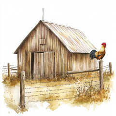 Rooster crows proudly on fence near barn, rustic scene
