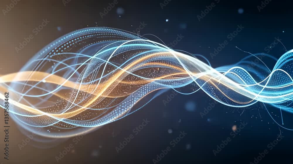 Poster abstract blue and gold dynamic wave motion design with flowing lines and glowing particles