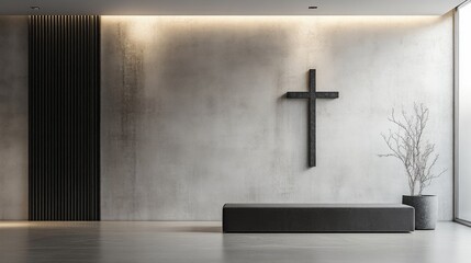 Naklejka premium Contemporary Minimalist Interior with Cross on Smooth Wall