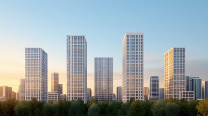 Fototapeta premium Carbon-neutral cities renewable and innovation, A modern city skyline featuring tall, sleek skyscrapers set against a clear blue sky with greenery in the foreground.
