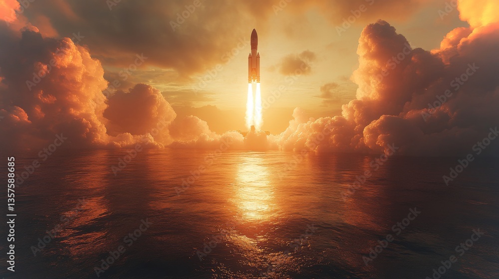 Aufkleber a powerful rocket lifts off from the water's edge, ascending into the sky at sunset. fiery boosters 