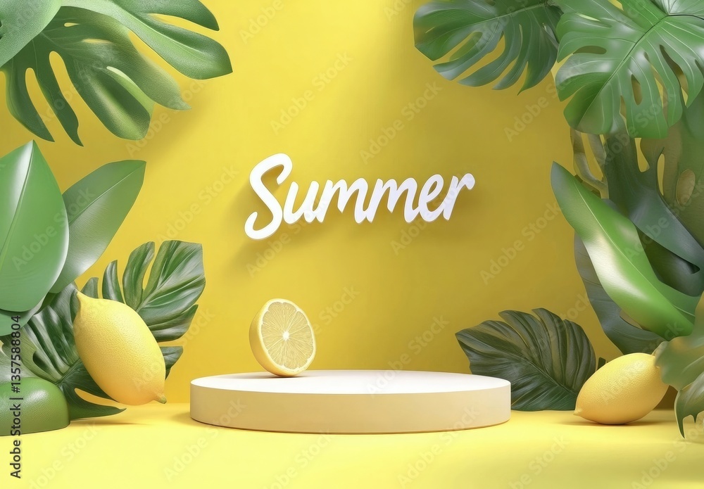 Poster minimal abstract background for summer with a podium, yellow color, and the text 
