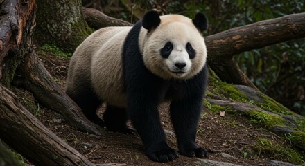 Fototapeta premium Captivating gaze of a giant panda amidst lush woodland terrain