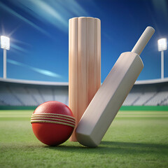 Cricket Bat. Ball. and Wicket on a Green Field