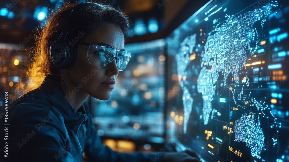 Aufkleber A logistics expert focuses on digital maps and data visualizations while monitoring inventory and distribution processes in a modern control hub equipped with advanced technology.