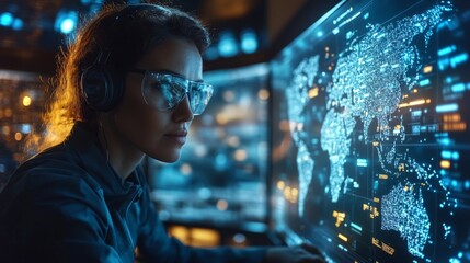 Obraz premium A logistics expert focuses on digital maps and data visualizations while monitoring inventory and distribution processes in a modern control hub equipped with advanced technology.