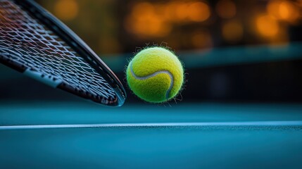 Tennis ball in mid-air, racket about to hit, twilight court background