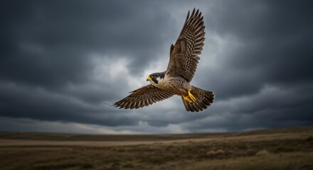 Magnificent peregrine falcon soaring powerfully against dramatic clouded sky