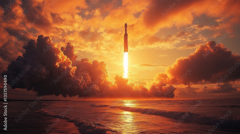 Poster a powerful rocket lifts off from a coastal launch pad, surrounded by vibrant clouds and the glow of 