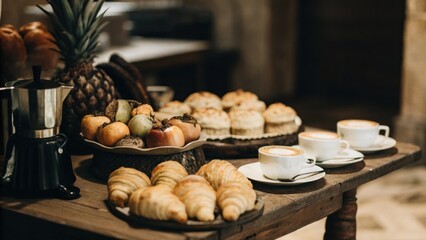 Fototapeta premium a delightful breakfast spread featuring pastries, coffee and fruits, arranged on a rustic table
