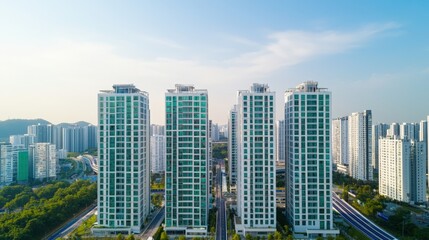 Obraz premium Carbon-neutral cities renewable and innovation, Aerial view of modern high-rise buildings surrounded by greenery and urban infrastructure under a clear sky.