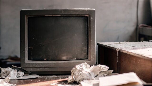 an abandoned computer monitor in a dusty, dilapidated room