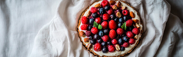 Fototapeta premium Healthy organic breakfast bowl with fresh berries, nuts, and yogurt, placed on a textured linen cloth, bright natural lighting, minimalist food photography