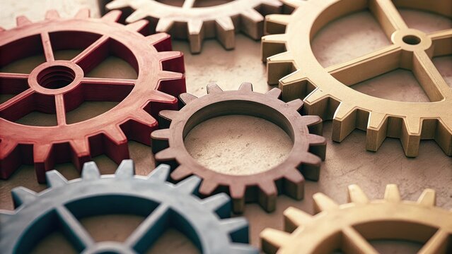 interlocking gears symbolizing the gears of innovation and teamwork. Each gear is a different color, and they interlock perfectly