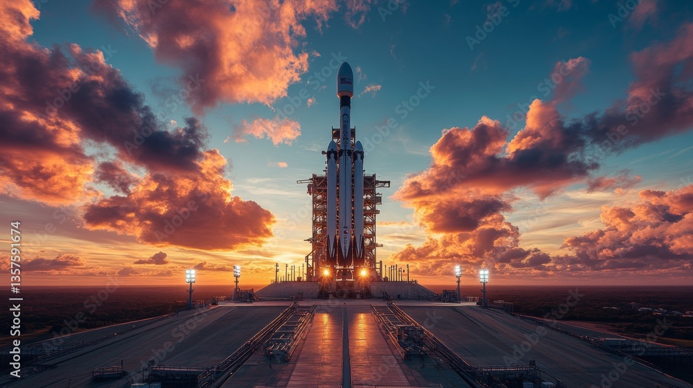 Poster a rocket stands poised on the launch pad at dusk, illuminated by fiery golden lights as the sun sets