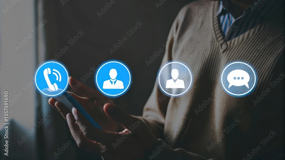 Poster a person holding a smartphone with communication icons floating above. it conveys the concepts of co