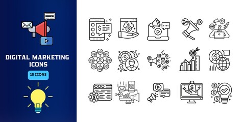 Digital Marketing Icons Concept Design on Blue and White Background Illustration Vector. Professional Digital Marketing Icon Set Banner. Technology, Business, Success, Management, Development, Sign