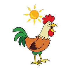 A rooster crowing at dawn signals the start of a new day, its clear, piercing call echoing across the countryside as the first light of morning breaks through the sky.