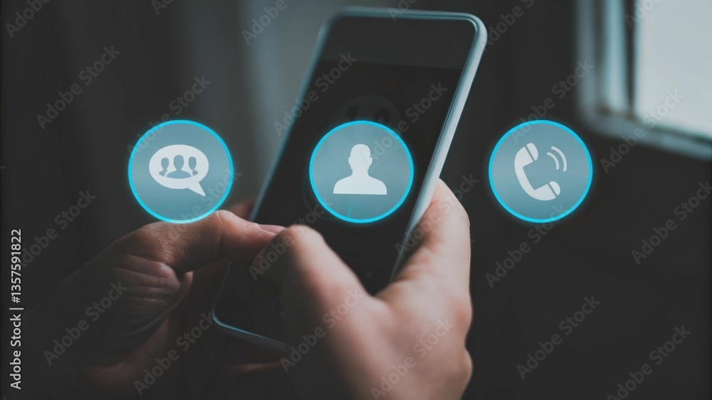 Poster a person is using a mobile phone, with a focus on communication icons on the screen. the person is i