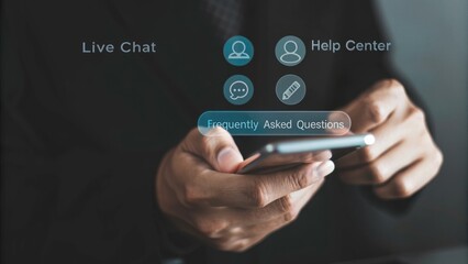 a person interacting with a smart phone. on screen icon shows Live chat, help center, FAQ