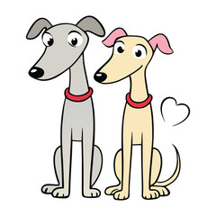 A graceful greyhound couple gazes at each other with love, their sleek bodies close, tails intertwined, and eyes full of affection, embodying elegance and devotion.