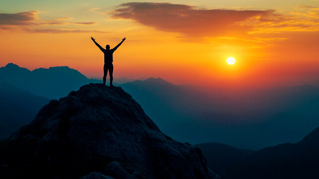 Silhouette of a person standing on a mountain peak at sunrise, arms raised in victory, motivational and inspiring image, cinematic atmosphere