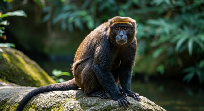Portrait of a thoughtful macaque monkey perched serenely on a mossy rock