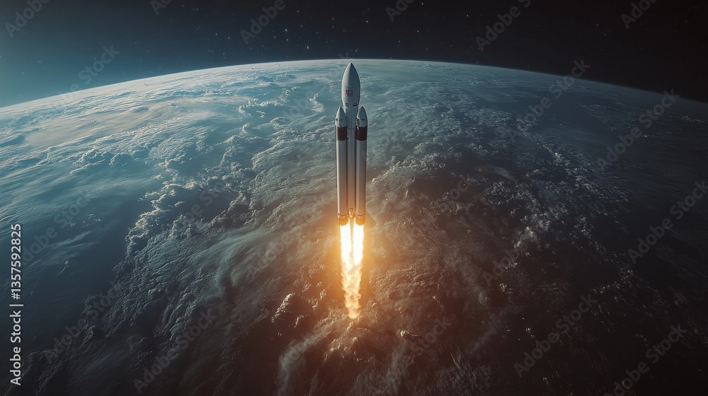 Poster bright flames propel the rocket into space as it ascends majestically from earth's surface, showcasi