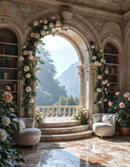 Fototapeta premium Enchanting interior featuring classical arches and lush plants, blending luxury with nature.