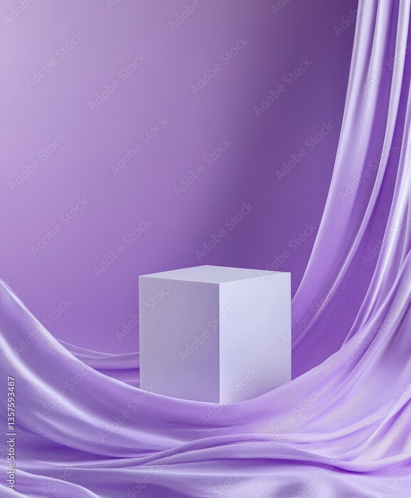 Poster minimalist purple background with a white cube and flowing fabric, creating an elegant display for p