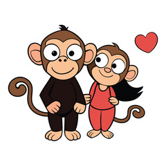A sweet monkey couple, cuddling and sharing tender moments in the jungle, with their tails intertwined, gazing lovingly at each other, surrounded by nature’s beauty.