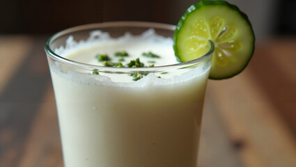 Refreshing cucumber drink with cream in a glass  
