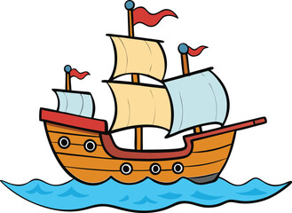 A rugged pirate ship with tattered sails drifts on the open ocean, its black flag fluttering in the salty breeze as waves crash against its weathered wooden hull.