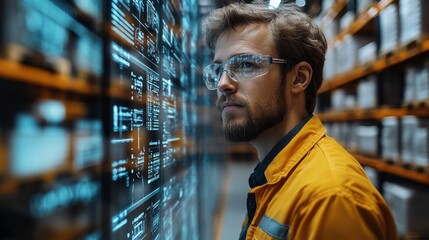 Warehouse professional in safety glasses observes inventory management data on a digital screen, ensuring efficient storage and tracking of freight within the logistics center.