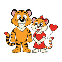 A majestic tiger couple lounges together, their fur brushed by the golden sun. They nuzzle affectionately, eyes filled with warmth, embodying love and wild devotion.