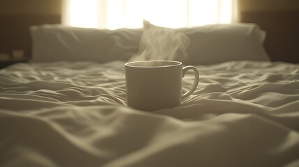 Steaming coffee mug on bed.
