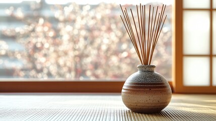 Close up of a traditional Japanese-style aroma diffuser with bamboo reeds and ceramic base, placed on a minimalist tatami mat background