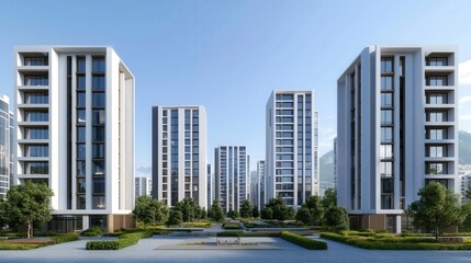 Carbon-neutral cities renewable and innovation, A modern urban landscape featuring sleek residential buildings surrounded by greenery and open spaces.