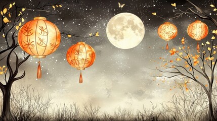 Naklejka premium Beneath a starry sky, red lanterns sway on branches illuminated by a full moon creating a tranquil enchanting atmosphere
