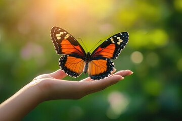 Fototapeta premium Woman gently releases a beautiful butterfly into the warm sunlight at a tranquil garden