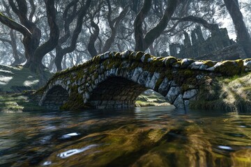 Mossy stone bridge over stream, ancient ruins in misty forest