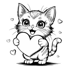 Kawaii Cute Cat Holding Heart – Adorable Chibi Kitten with Love Expression Line Art