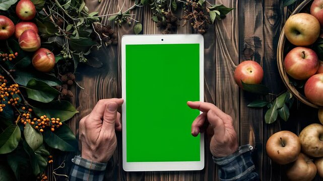 Hands manipulating a tablet with a chroma key green screen, perfect for mockup, on a wooden table with apples and leaves