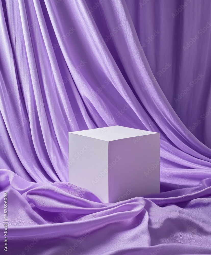 Poster minimalist purple background with a white cube and flowing fabric, creating an elegant display for p
