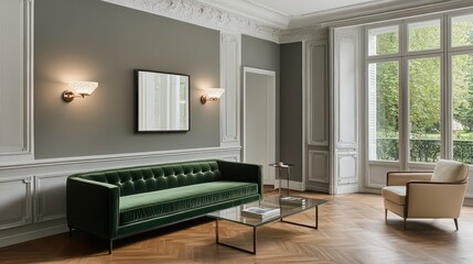 Naklejka premium A modern living room featuring a deep green velvet sofa against light gray walls with decorative white moldings