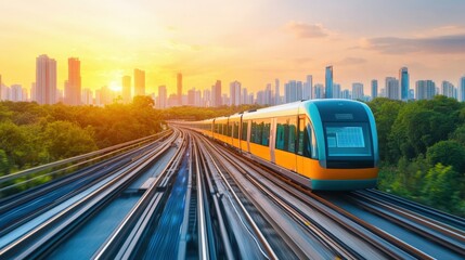 Fototapeta premium Carbon-neutral cities renewable and innovation, A vibrant sunset view of a modern train moving through a cityscape, framed by lush greenery and towering skyscrapers.