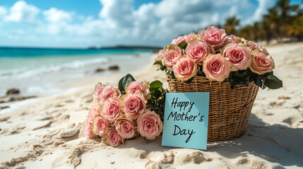 A breathtaking beachside Mother's Day tribute, featuring delicate pink roses in a rustic basket and a heartfelt message, bathed in warm sunlight.