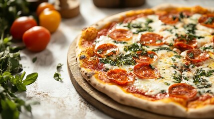 Delicious Pepperoni Pizza with Fresh Basil on a Wooden Serving Board